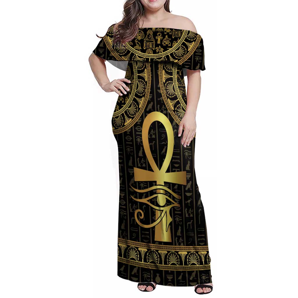 Ancient Egypt Ankh and Eye Of Horus Family Matching Off Shoulder Maxi Dress and Hawaiian Shirt Egyptian Hieroglyphs - Wonder Print Shop