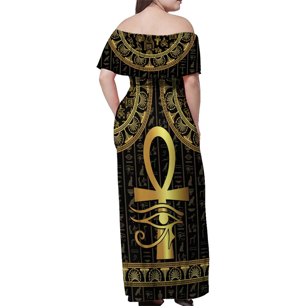 Ancient Egypt Ankh and Eye Of Horus Family Matching Off Shoulder Maxi Dress and Hawaiian Shirt Egyptian Hieroglyphs - Wonder Print Shop