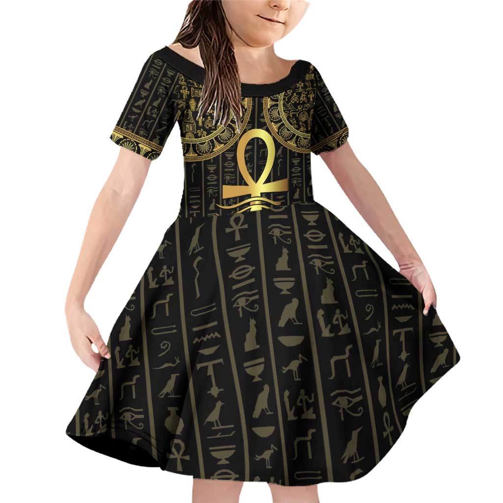 Ancient Egypt Ankh and Eye Of Horus Family Matching Off Shoulder Short Dress and Hawaiian Shirt Egyptian Hieroglyphs - Wonder Print Shop