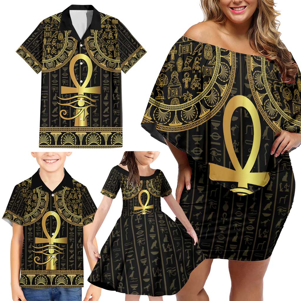 Ancient Egypt Ankh and Eye Of Horus Family Matching Off Shoulder Short Dress and Hawaiian Shirt Egyptian Hieroglyphs - Wonder Print Shop