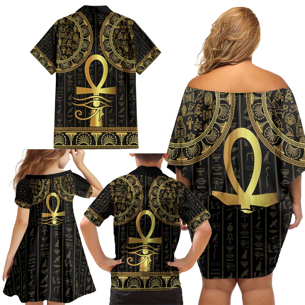 Ancient Egypt Ankh and Eye Of Horus Family Matching Off Shoulder Short Dress and Hawaiian Shirt Egyptian Hieroglyphs - Wonder Print Shop