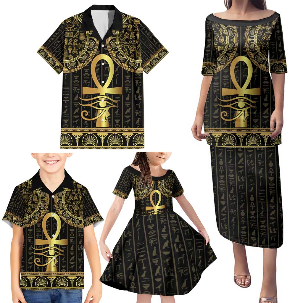 Ancient Egypt Ankh and Eye Of Horus Family Matching Puletasi and Hawaiian Shirt Egyptian Hieroglyphs - Wonder Print Shop