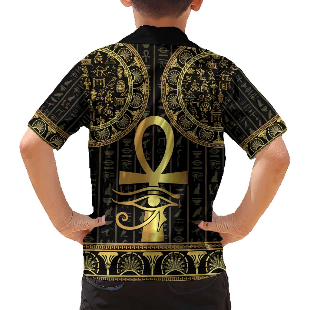 Ancient Egypt Ankh and Eye Of Horus Family Matching Short Sleeve Bodycon Dress and Hawaiian Shirt Egyptian Hieroglyphs - Wonder Print Shop