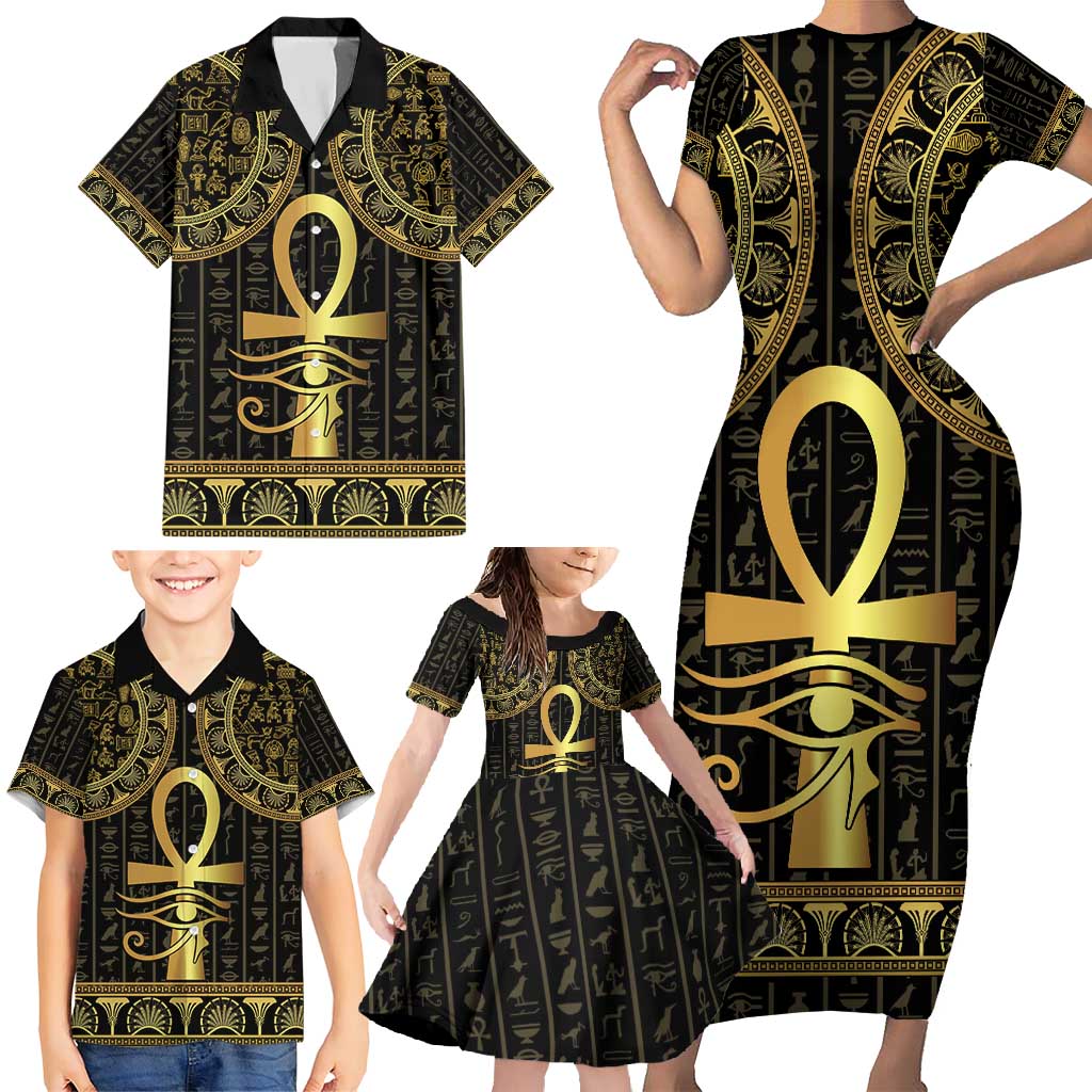 Ancient Egypt Ankh and Eye Of Horus Family Matching Short Sleeve Bodycon Dress and Hawaiian Shirt Egyptian Hieroglyphs - Wonder Print Shop