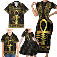 Ancient Egypt Ankh and Eye Of Horus Family Matching Short Sleeve Bodycon Dress and Hawaiian Shirt Egyptian Hieroglyphs - Wonder Print Shop