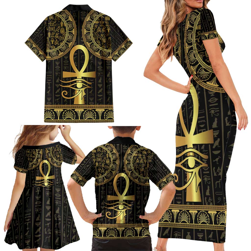 Ancient Egypt Ankh and Eye Of Horus Family Matching Short Sleeve Bodycon Dress and Hawaiian Shirt Egyptian Hieroglyphs - Wonder Print Shop