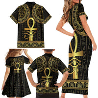 Ancient Egypt Ankh and Eye Of Horus Family Matching Short Sleeve Bodycon Dress and Hawaiian Shirt Egyptian Hieroglyphs - Wonder Print Shop