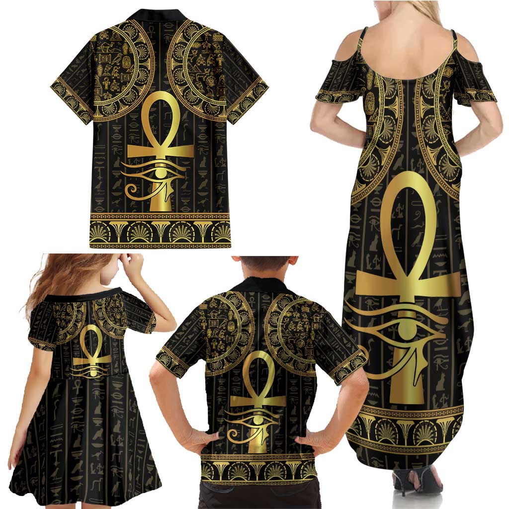 Ancient Egypt Ankh and Eye Of Horus Family Matching Summer Maxi Dress and Hawaiian Shirt Egyptian Hieroglyphs - Wonder Print Shop