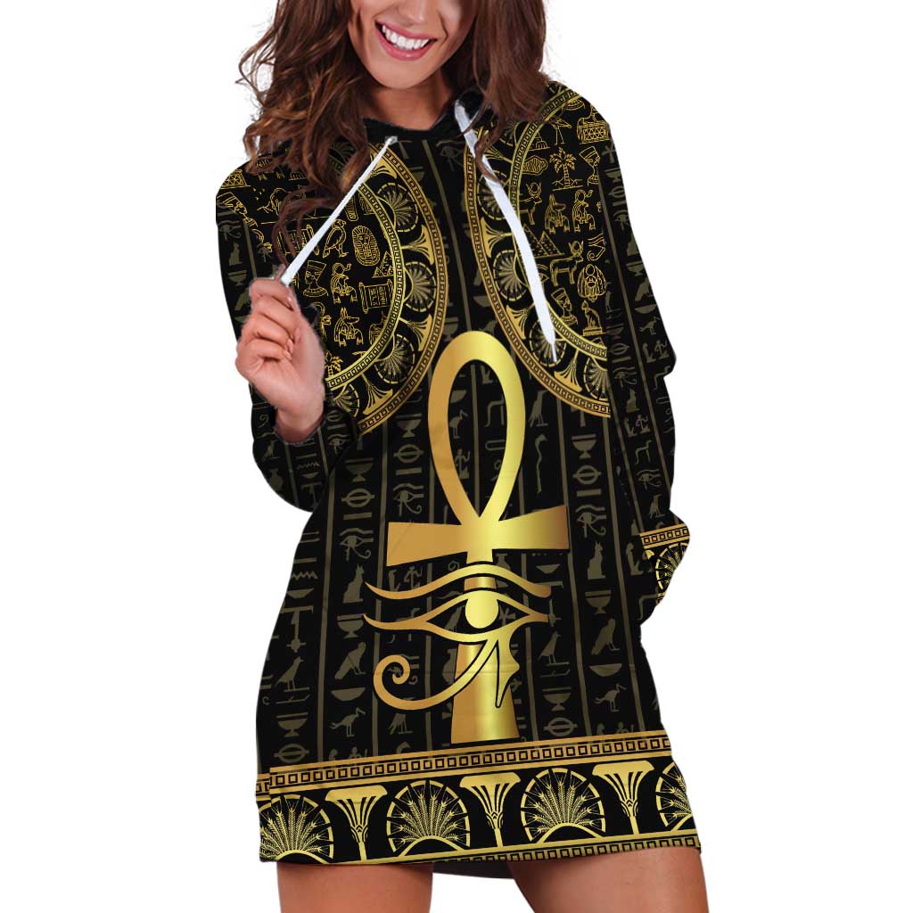 Ancient Egypt Ankh and Eye Of Horus Hoodie Dress Egyptian Hieroglyphs - Wonder Print Shop