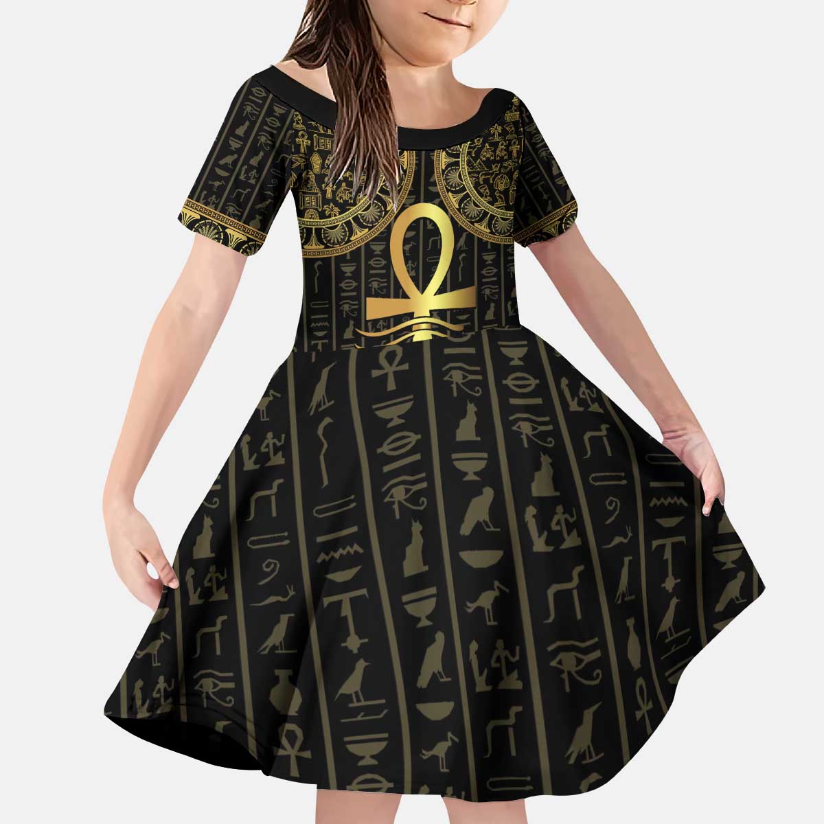 Ancient Egypt Ankh and Eye Of Horus Kid Short Sleeve Dress Egyptian Hieroglyphs - Wonder Print Shop