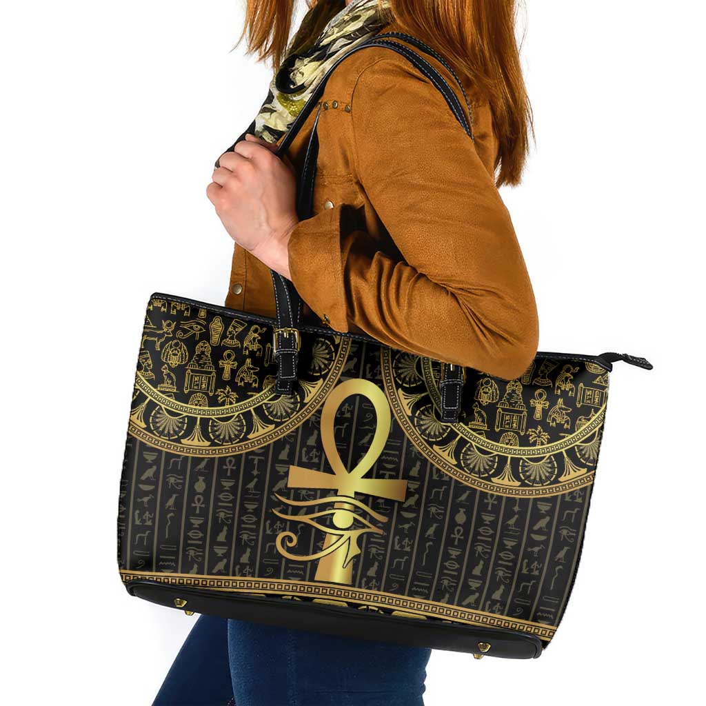 Ancient Egypt Ankh and Eye Of Horus Leather Tote Bag Egyptian Hieroglyphs - Wonder Print Shop