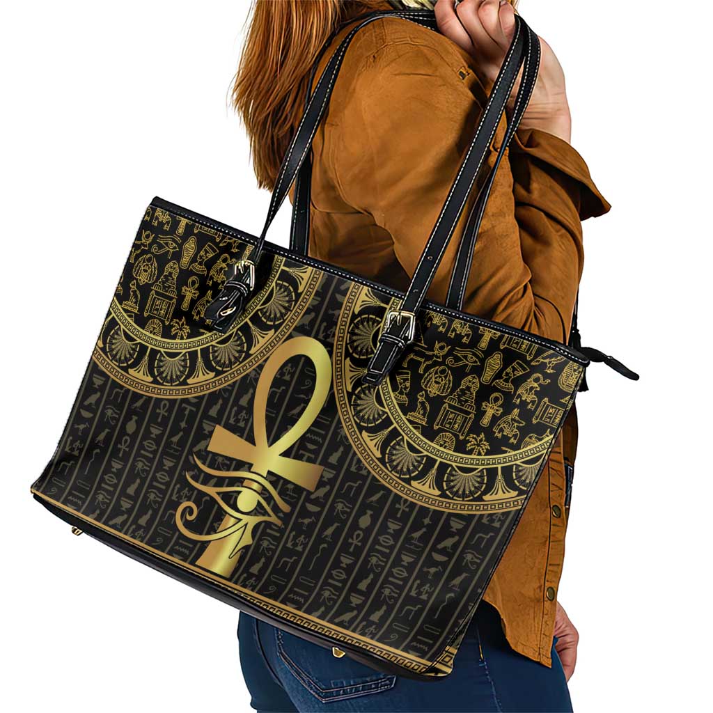Ancient Egypt Ankh and Eye Of Horus Leather Tote Bag Egyptian Hieroglyphs - Wonder Print Shop