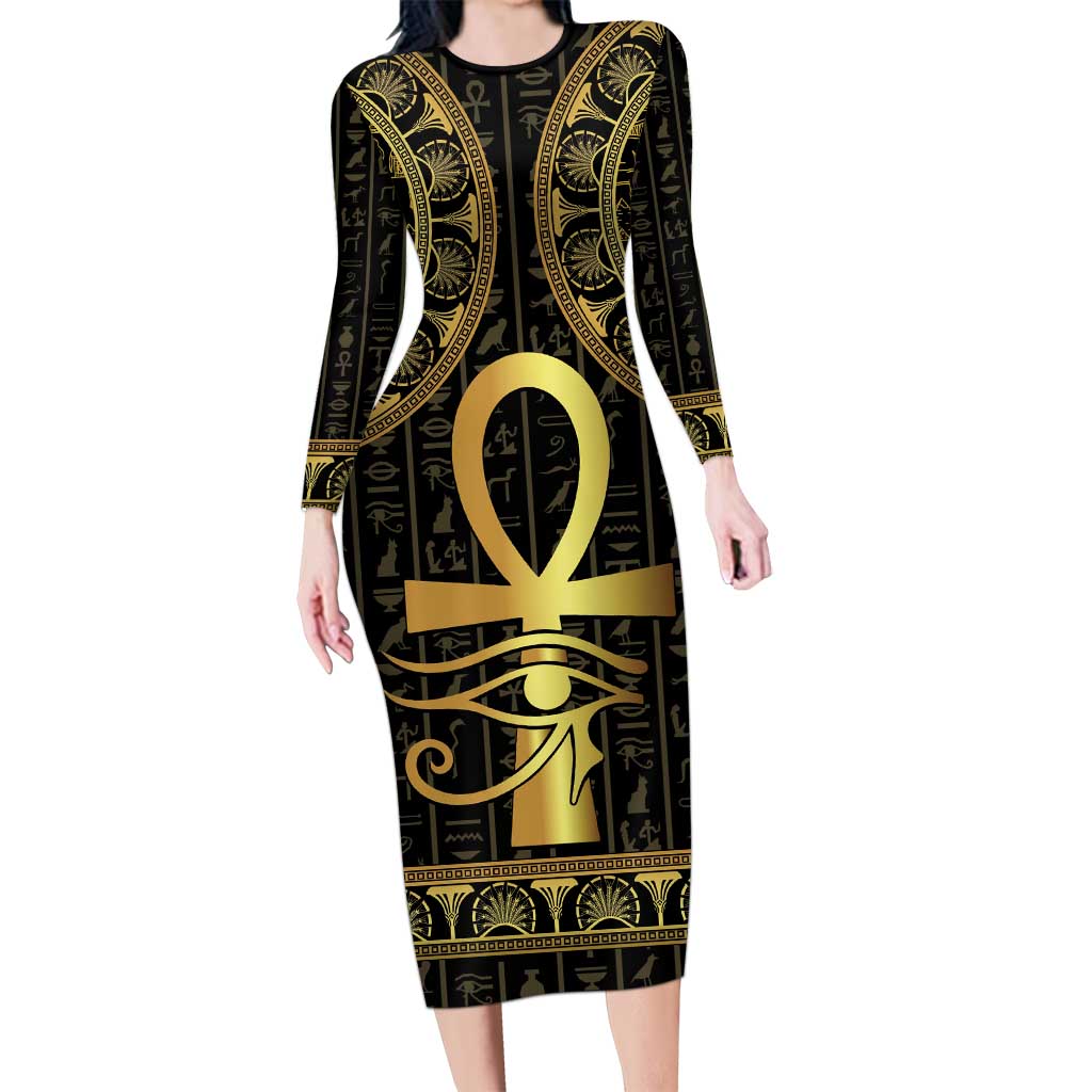 Ancient Egypt Ankh and Eye Of Horus Long Sleeve Bodycon Dress Egyptian Hieroglyphs - Wonder Print Shop