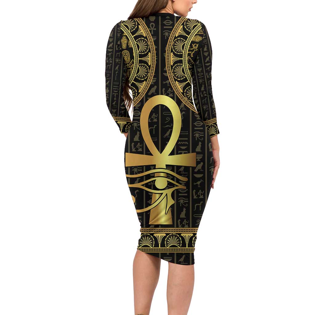 Ancient Egypt Ankh and Eye Of Horus Long Sleeve Bodycon Dress Egyptian Hieroglyphs - Wonder Print Shop