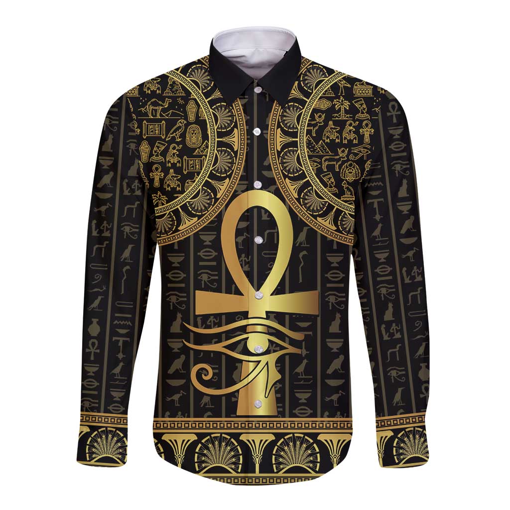 Ancient Egypt Ankh and Eye Of Horus Long Sleeve Button Shirt Egyptian Hieroglyphs - Wonder Print Shop