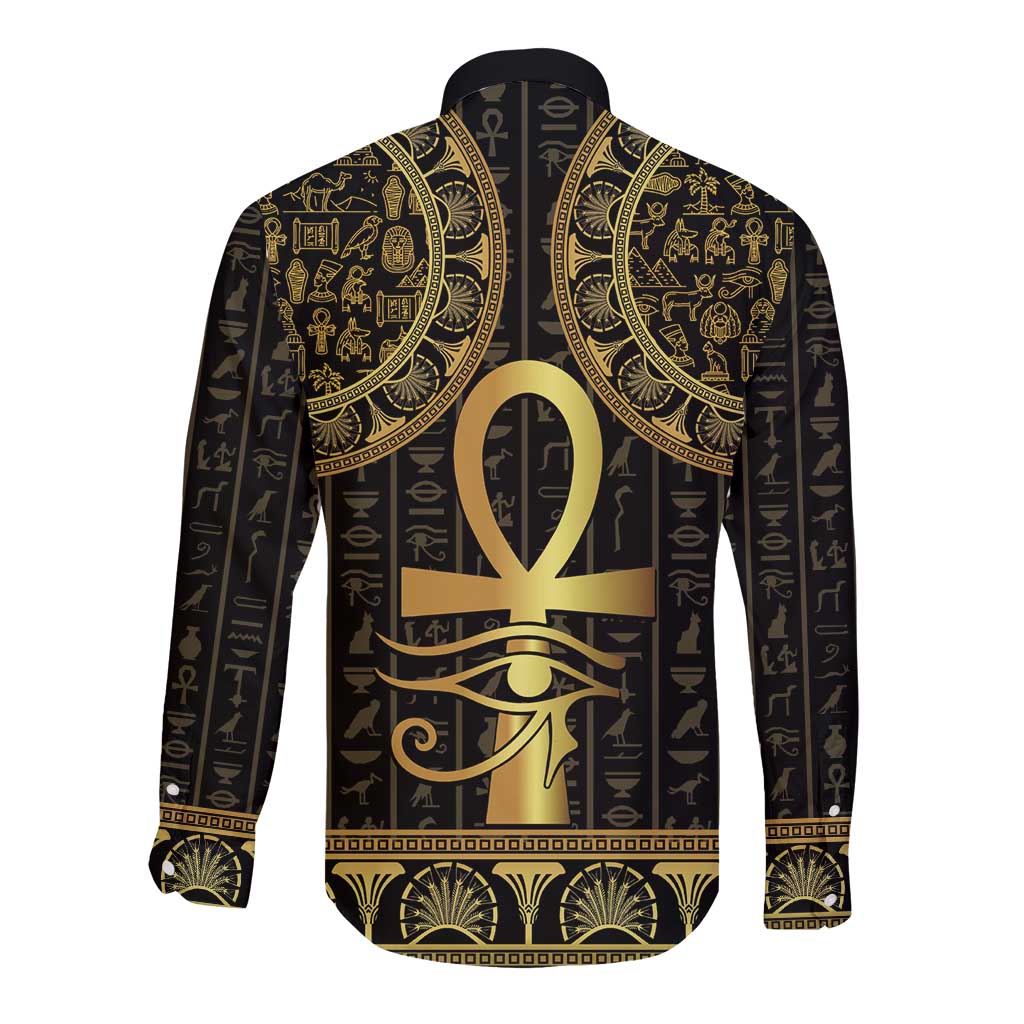 Ancient Egypt Ankh and Eye Of Horus Long Sleeve Button Shirt Egyptian Hieroglyphs - Wonder Print Shop