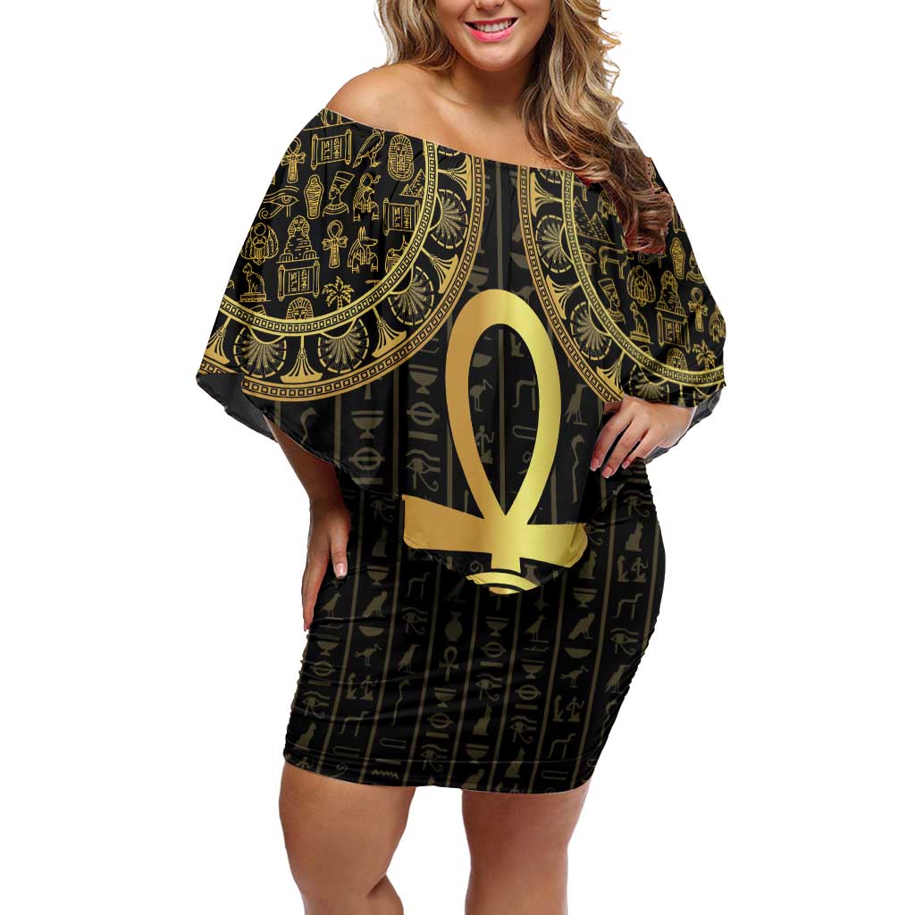Ancient Egypt Ankh and Eye Of Horus Off Shoulder Short Dress Egyptian Hieroglyphs - Wonder Print Shop
