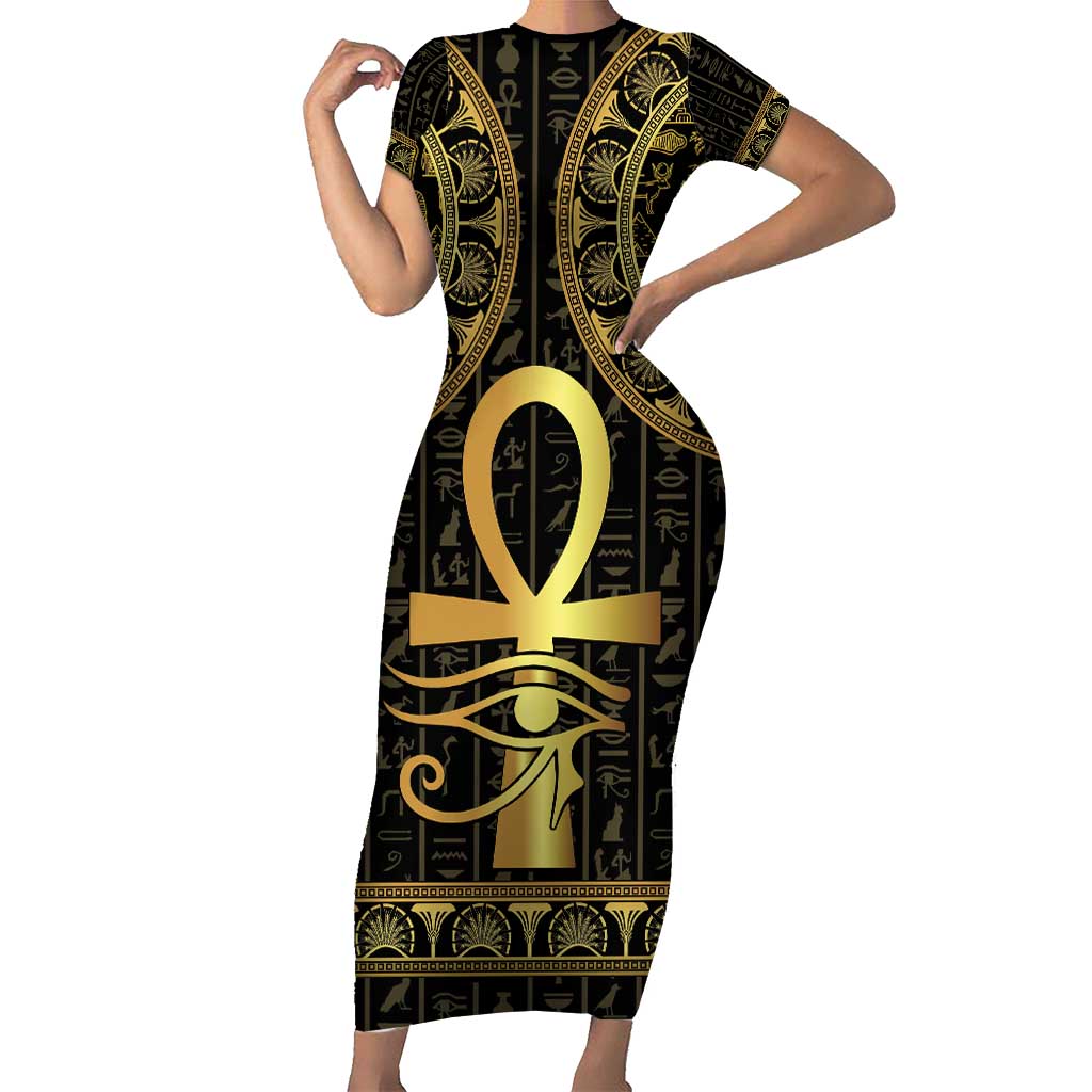 Ancient Egypt Ankh and Eye Of Horus Short Sleeve Bodycon Dress Egyptian Hieroglyphs - Wonder Print Shop