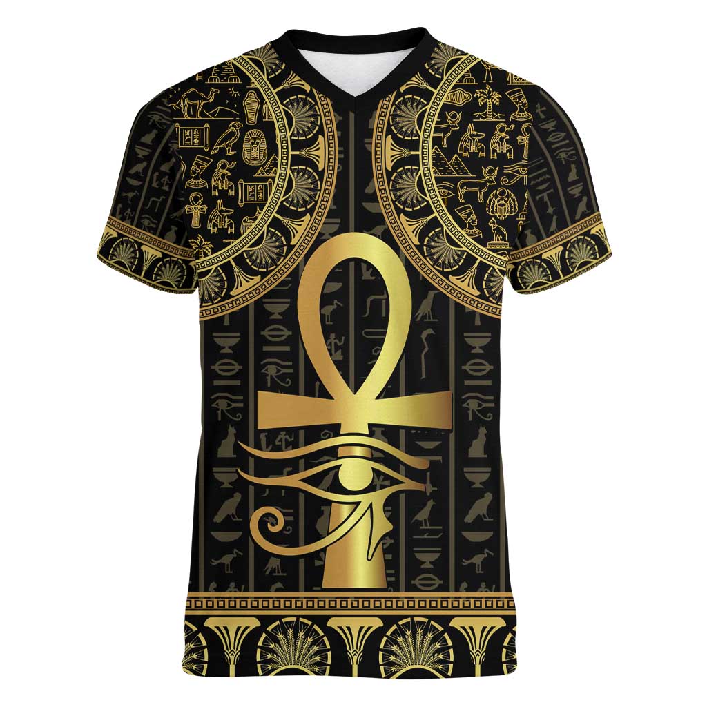 Ancient Egypt Ankh and Eye Of Horus Women V-Neck T-Shirt Egyptian Hieroglyphs - Wonder Print Shop