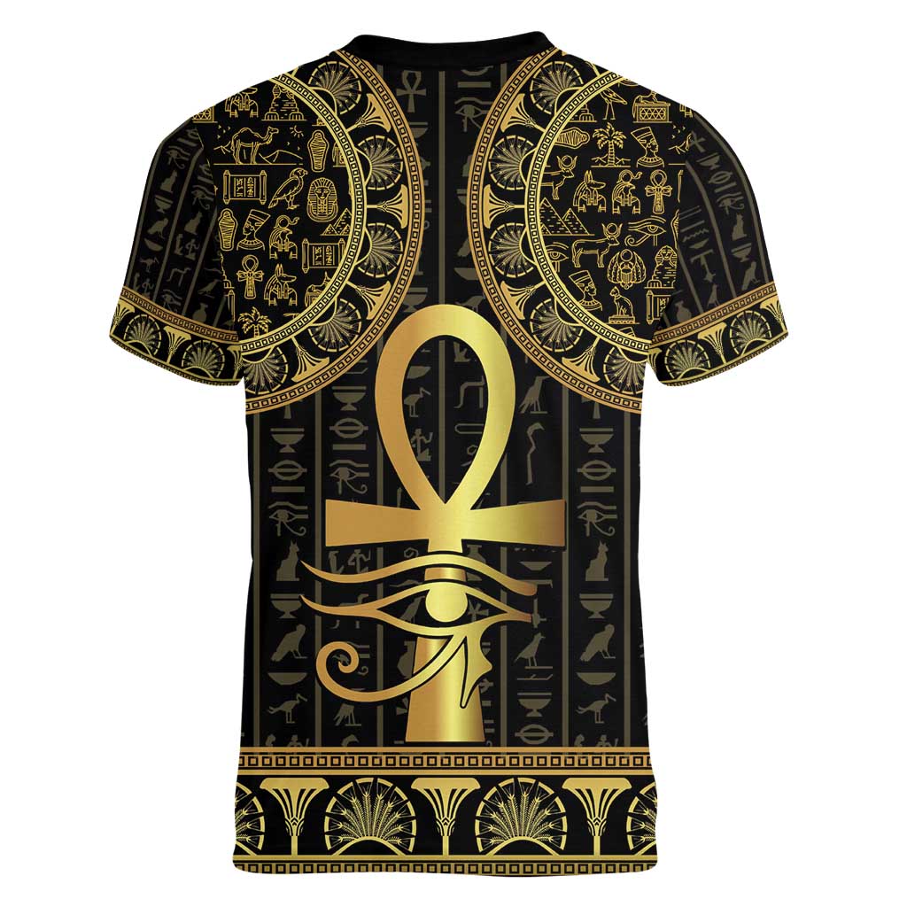 Ancient Egypt Ankh and Eye Of Horus Women V-Neck T-Shirt Egyptian Hieroglyphs - Wonder Print Shop