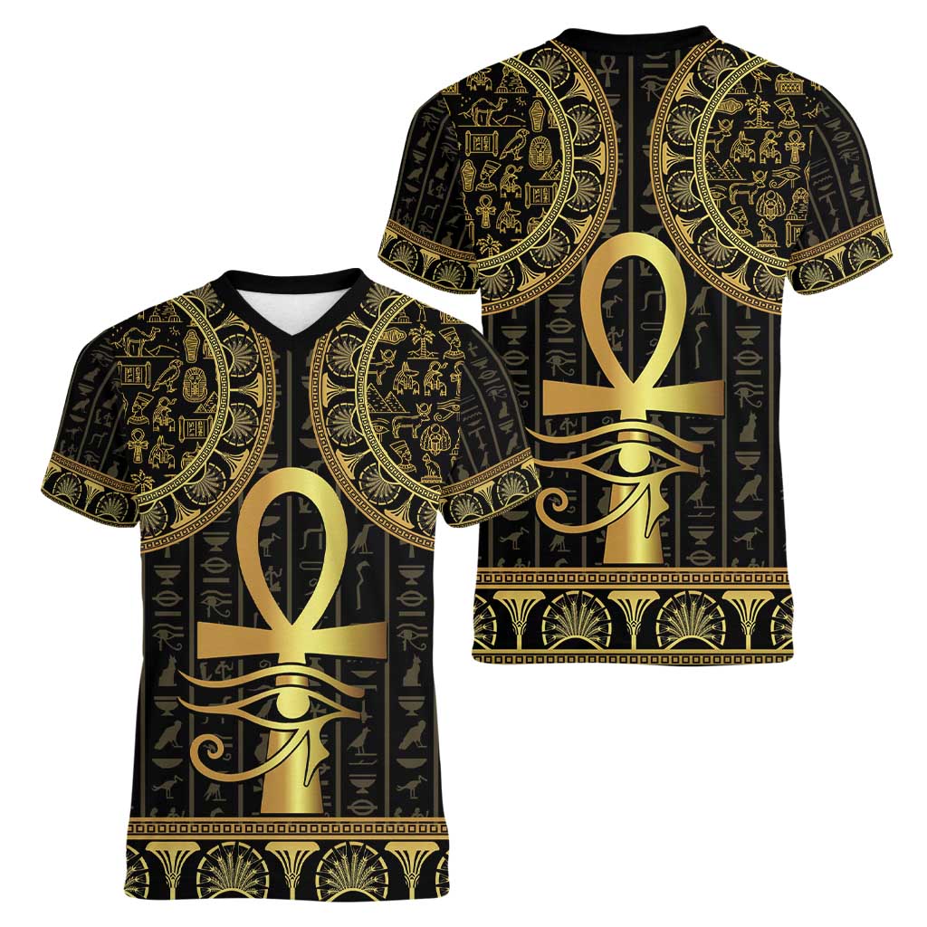 Ancient Egypt Ankh and Eye Of Horus Women V-Neck T-Shirt Egyptian Hieroglyphs - Wonder Print Shop