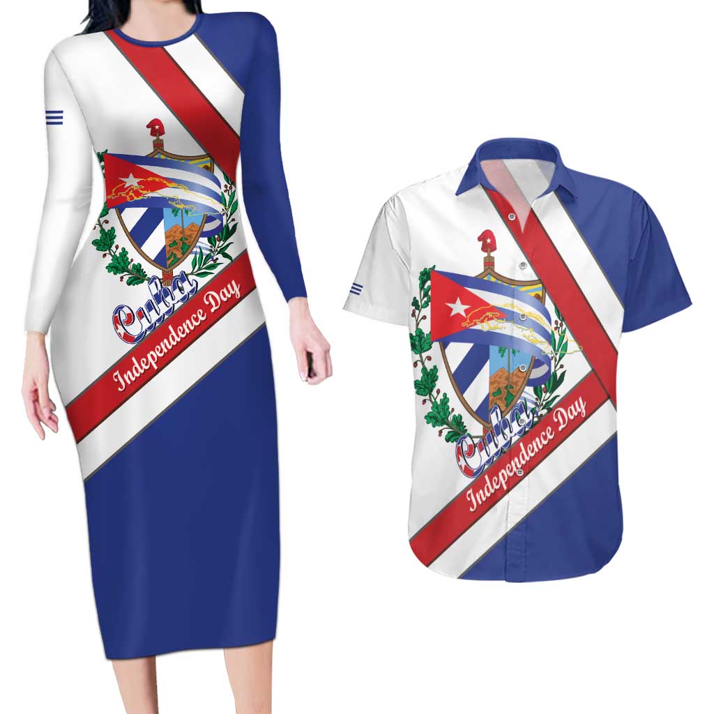Cuba Independence Day Couples Matching Long Sleeve Bodycon Dress and Hawaiian Shirt Patria o Muerte Venceremos Curve Flag Style - Wonder Print Shop