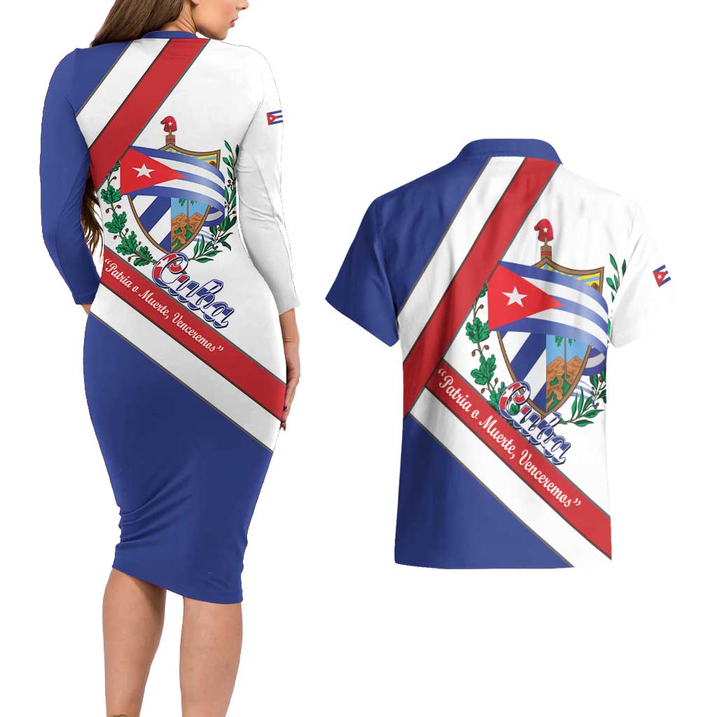 Cuba Independence Day Couples Matching Long Sleeve Bodycon Dress and Hawaiian Shirt Patria o Muerte Venceremos Curve Flag Style - Wonder Print Shop
