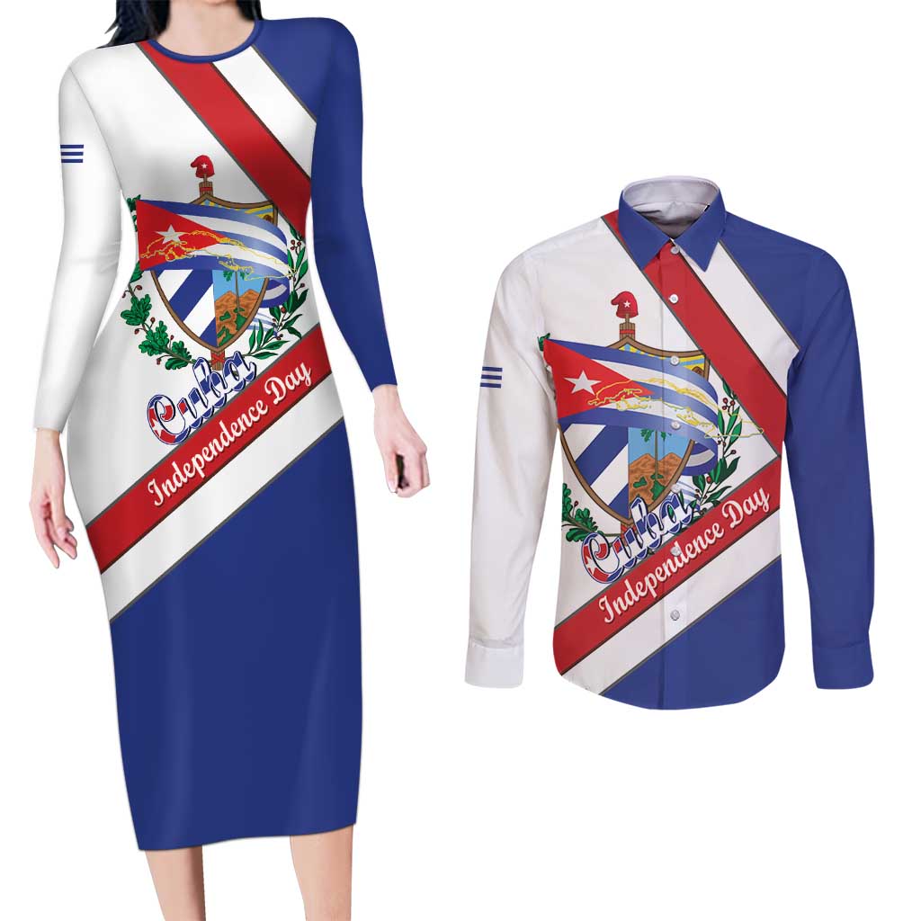 Cuba Independence Day Couples Matching Long Sleeve Bodycon Dress and Long Sleeve Button Shirt Patria o Muerte Venceremos Curve Flag Style - Wonder Print Shop