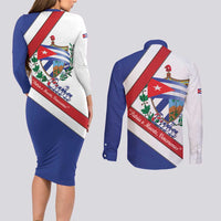 Cuba Independence Day Couples Matching Long Sleeve Bodycon Dress and Long Sleeve Button Shirt Patria o Muerte Venceremos Curve Flag Style - Wonder Print Shop