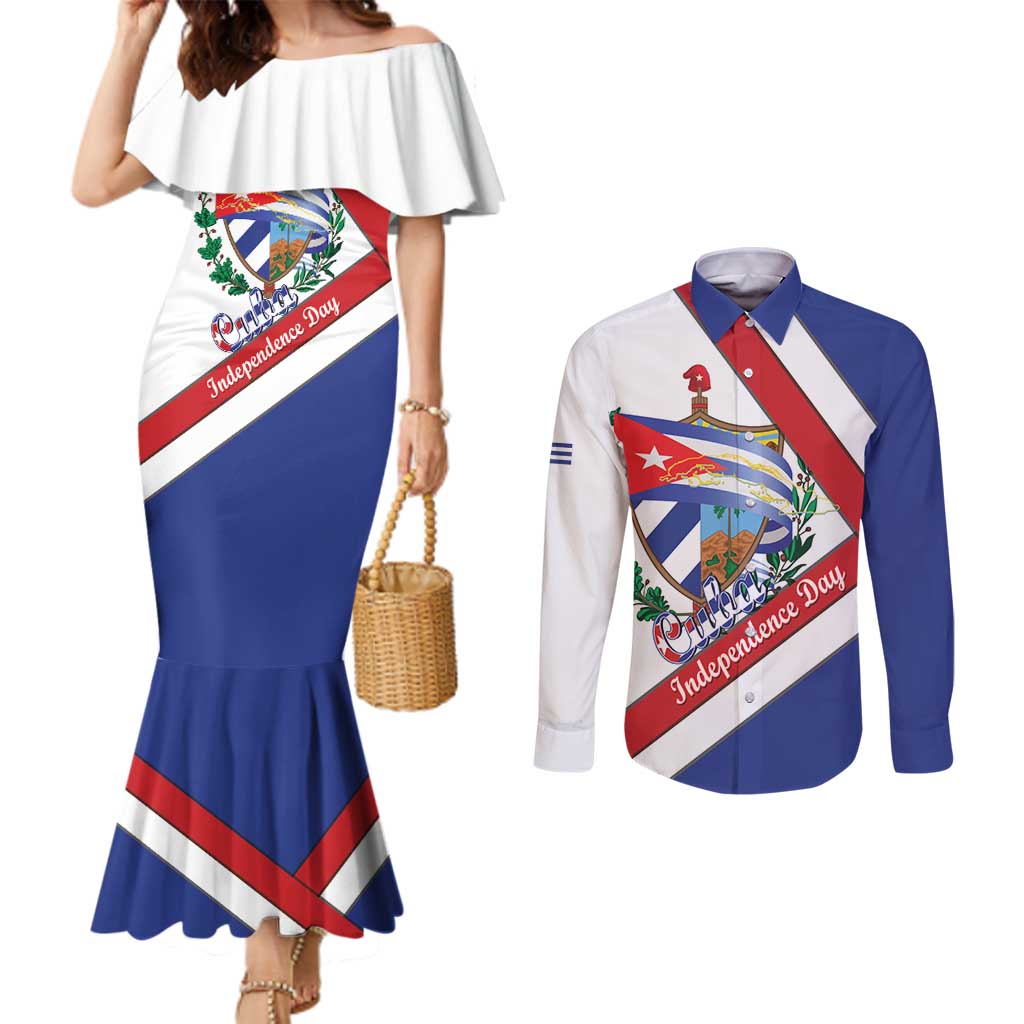 Cuba Independence Day Couples Matching Mermaid Dress and Long Sleeve Button Shirt Patria o Muerte Venceremos Curve Flag Style - Wonder Print Shop