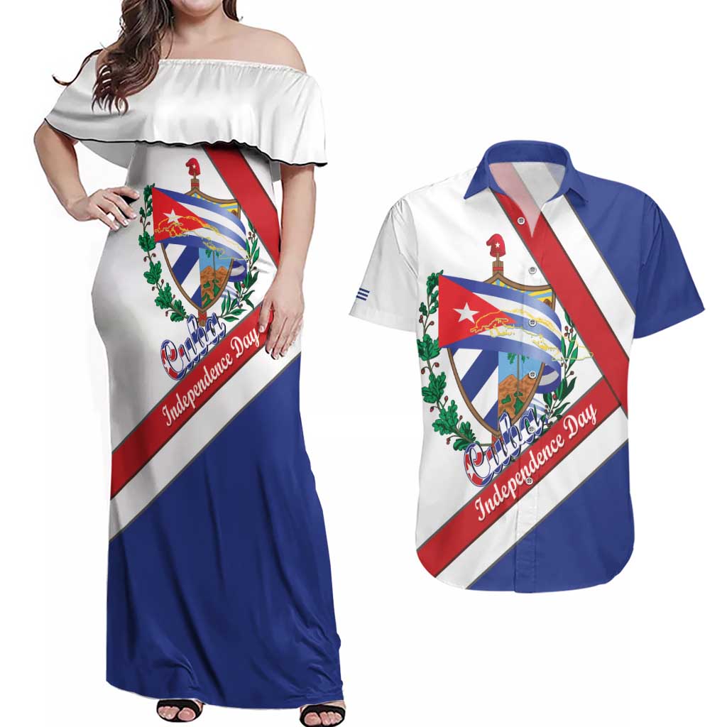 Cuba Independence Day Couples Matching Off Shoulder Maxi Dress and Hawaiian Shirt Patria o Muerte Venceremos Curve Flag Style - Wonder Print Shop