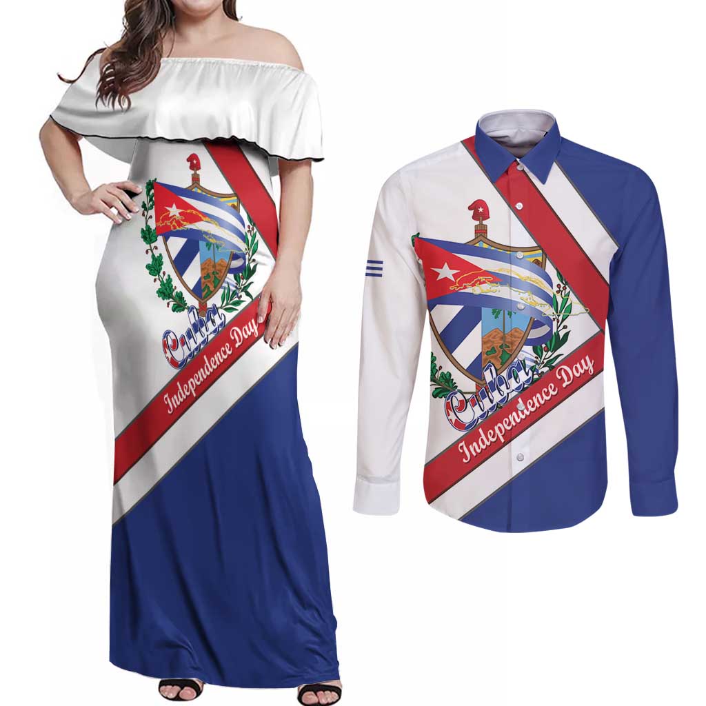 Cuba Independence Day Couples Matching Off Shoulder Maxi Dress and Long Sleeve Button Shirt Patria o Muerte Venceremos Curve Flag Style - Wonder Print Shop