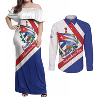 Cuba Independence Day Couples Matching Off Shoulder Maxi Dress and Long Sleeve Button Shirt Patria o Muerte Venceremos Curve Flag Style - Wonder Print Shop