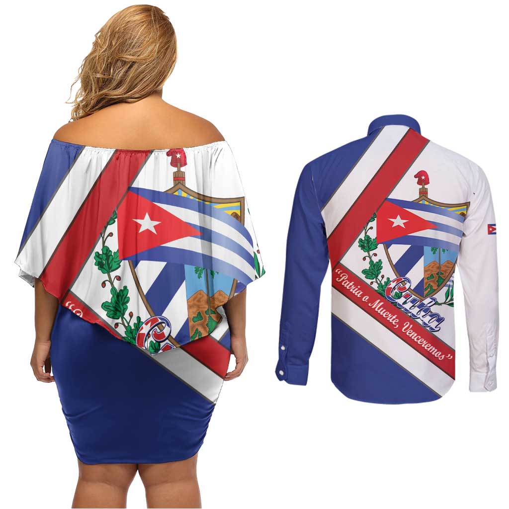 Cuba Independence Day Couples Matching Off Shoulder Short Dress and Long Sleeve Button Shirt Patria o Muerte Venceremos Curve Flag Style - Wonder Print Shop