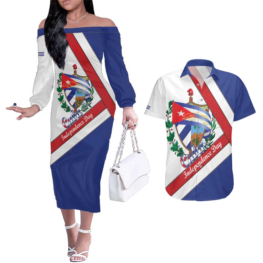 Cuba Independence Day Couples Matching Off The Shoulder Long Sleeve Dress and Hawaiian Shirt Patria o Muerte Venceremos Curve Flag Style - Wonder Print Shop