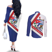 Cuba Independence Day Couples Matching Off The Shoulder Long Sleeve Dress and Long Sleeve Button Shirt Patria o Muerte Venceremos Curve Flag Style - Wonder Print Shop