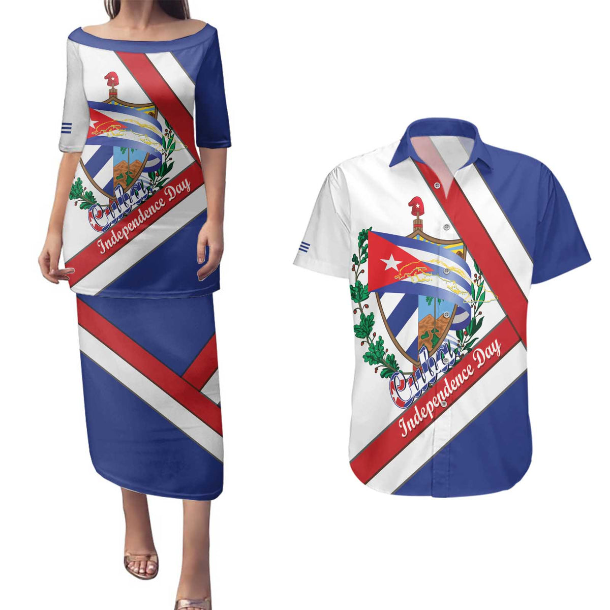 Cuba Independence Day Couples Matching Puletasi and Hawaiian Shirt Patria o Muerte Venceremos Curve Flag Style - Wonder Print Shop