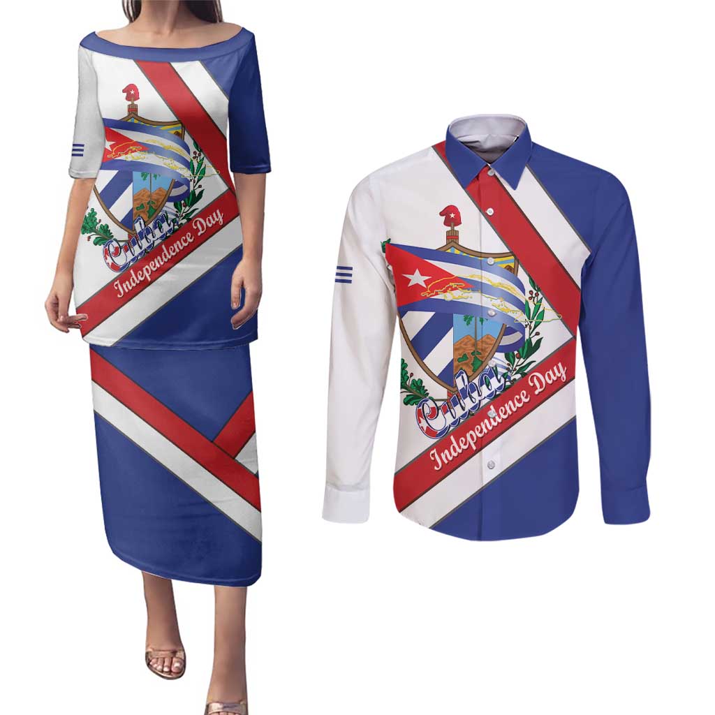 Cuba Independence Day Couples Matching Puletasi and Long Sleeve Button Shirt Patria o Muerte Venceremos Curve Flag Style - Wonder Print Shop