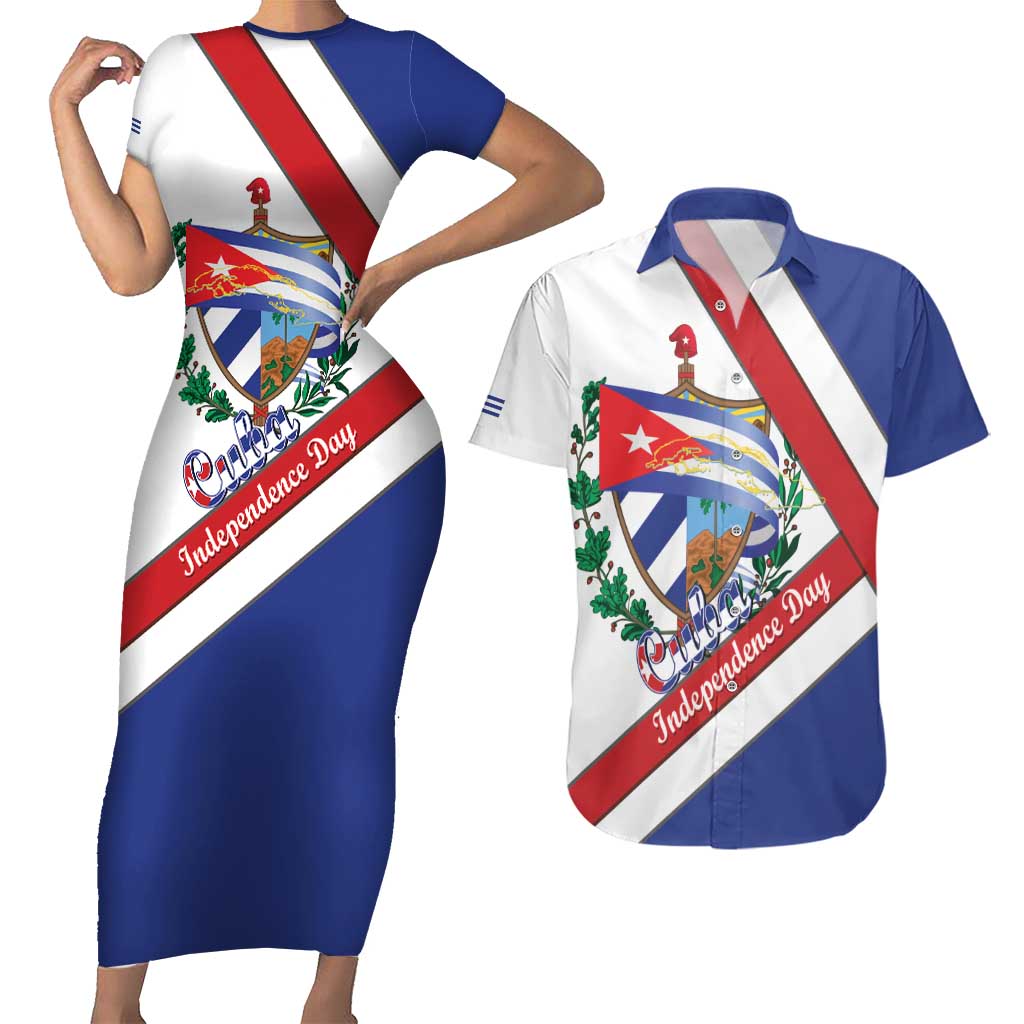 Cuba Independence Day Couples Matching Short Sleeve Bodycon Dress and Hawaiian Shirt Patria o Muerte Venceremos Curve Flag Style - Wonder Print Shop