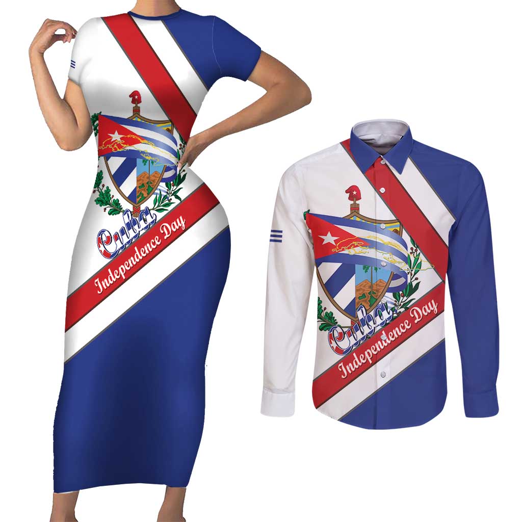 Cuba Independence Day Couples Matching Short Sleeve Bodycon Dress and Long Sleeve Button Shirt Patria o Muerte Venceremos Curve Flag Style - Wonder Print Shop