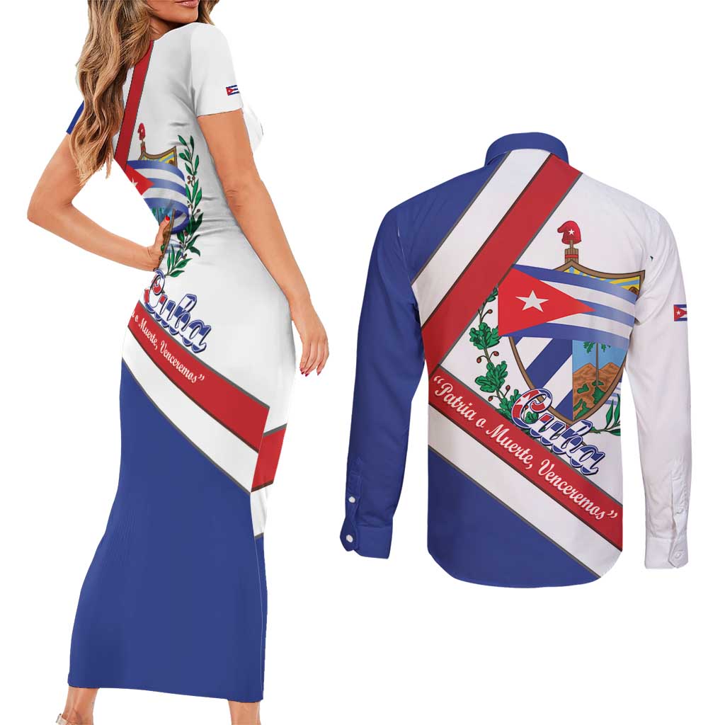 Cuba Independence Day Couples Matching Short Sleeve Bodycon Dress and Long Sleeve Button Shirt Patria o Muerte Venceremos Curve Flag Style - Wonder Print Shop