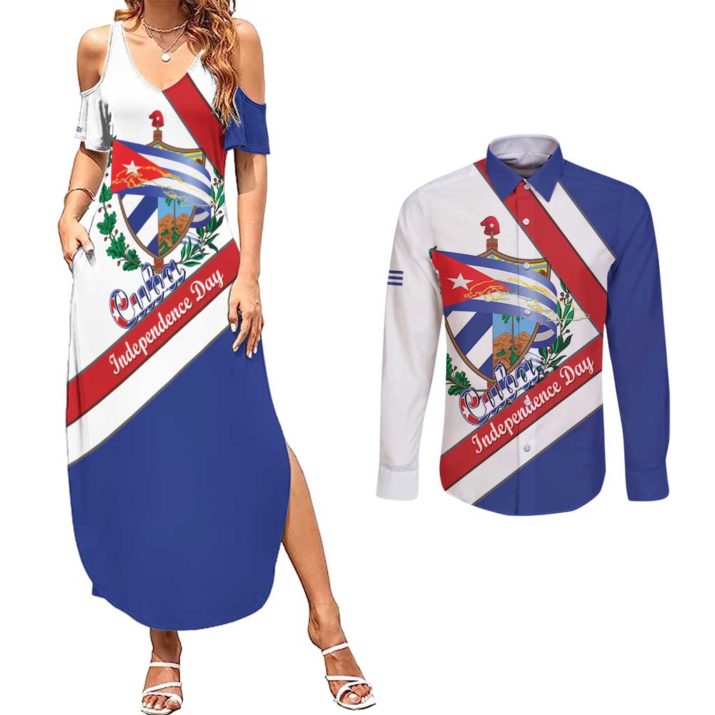 Cuba Independence Day Couples Matching Summer Maxi Dress and Long Sleeve Button Shirt Patria o Muerte Venceremos Curve Flag Style - Wonder Print Shop