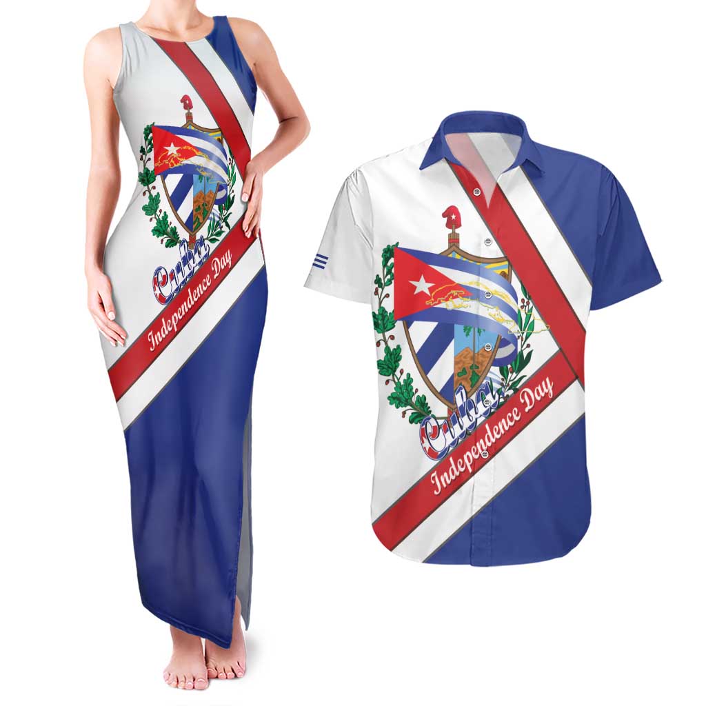 Cuba Independence Day Couples Matching Tank Maxi Dress and Hawaiian Shirt Patria o Muerte Venceremos Curve Flag Style - Wonder Print Shop