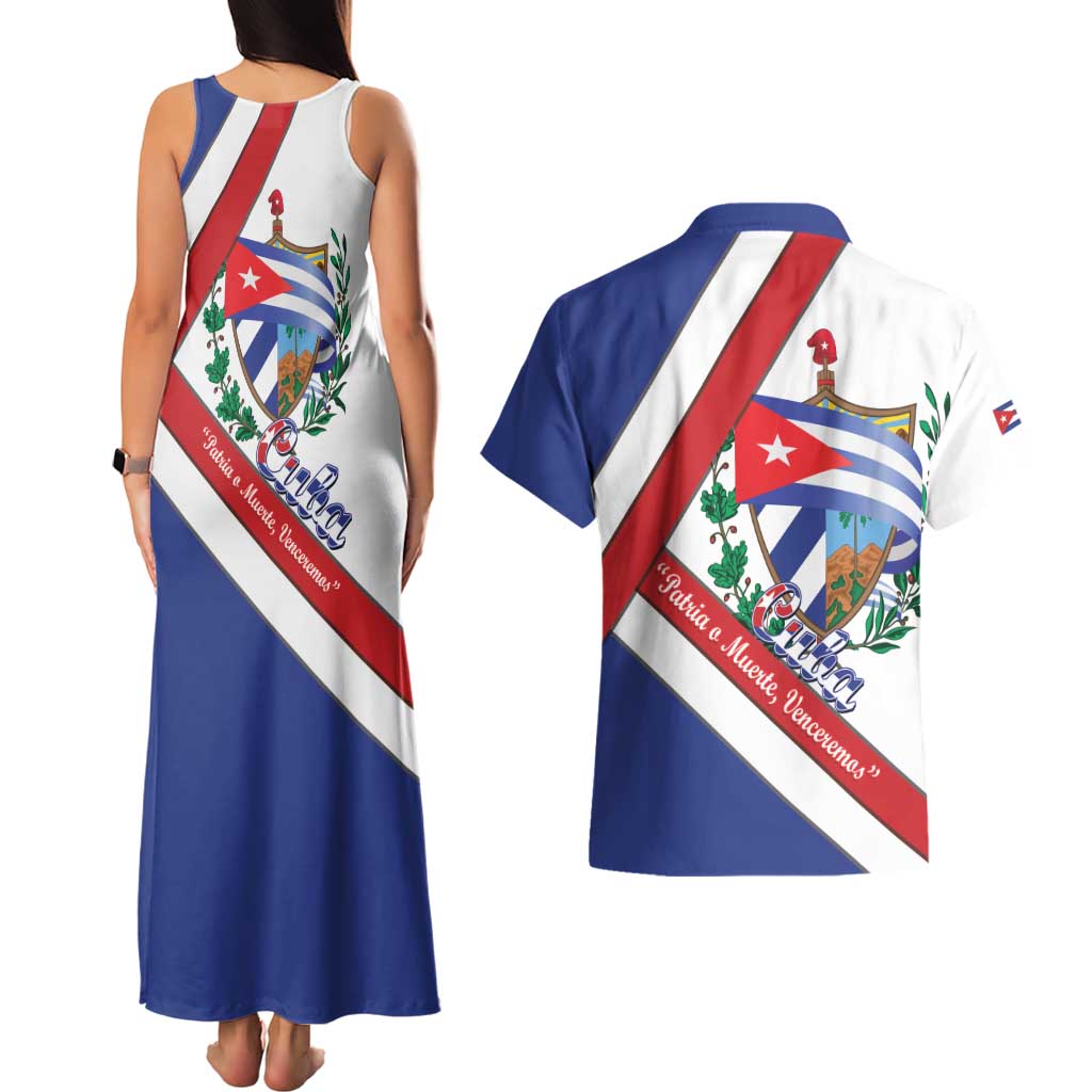 Cuba Independence Day Couples Matching Tank Maxi Dress and Hawaiian Shirt Patria o Muerte Venceremos Curve Flag Style - Wonder Print Shop