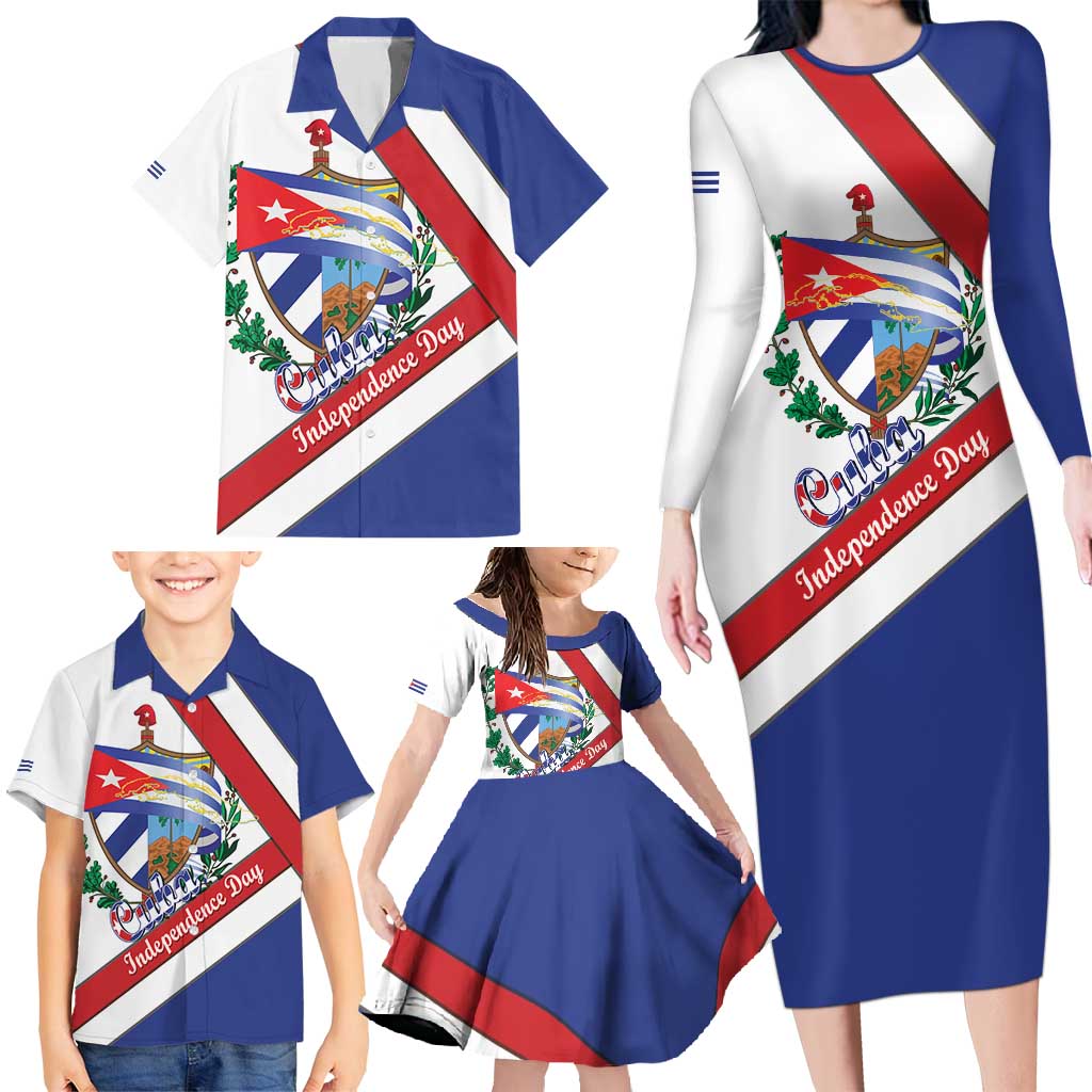 Cuba Independence Day Family Matching Long Sleeve Bodycon Dress and Hawaiian Shirt Patria o Muerte Venceremos Curve Flag Style - Wonder Print Shop