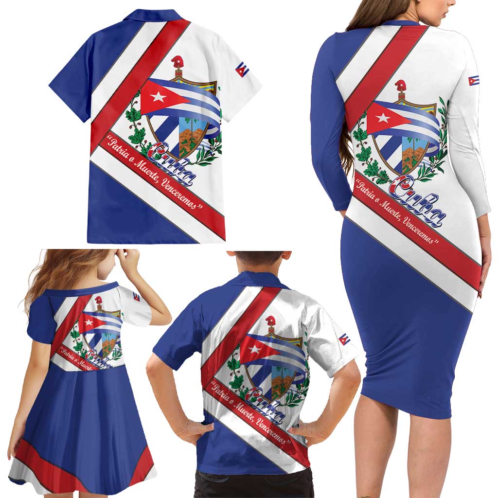 Cuba Independence Day Family Matching Long Sleeve Bodycon Dress and Hawaiian Shirt Patria o Muerte Venceremos Curve Flag Style - Wonder Print Shop