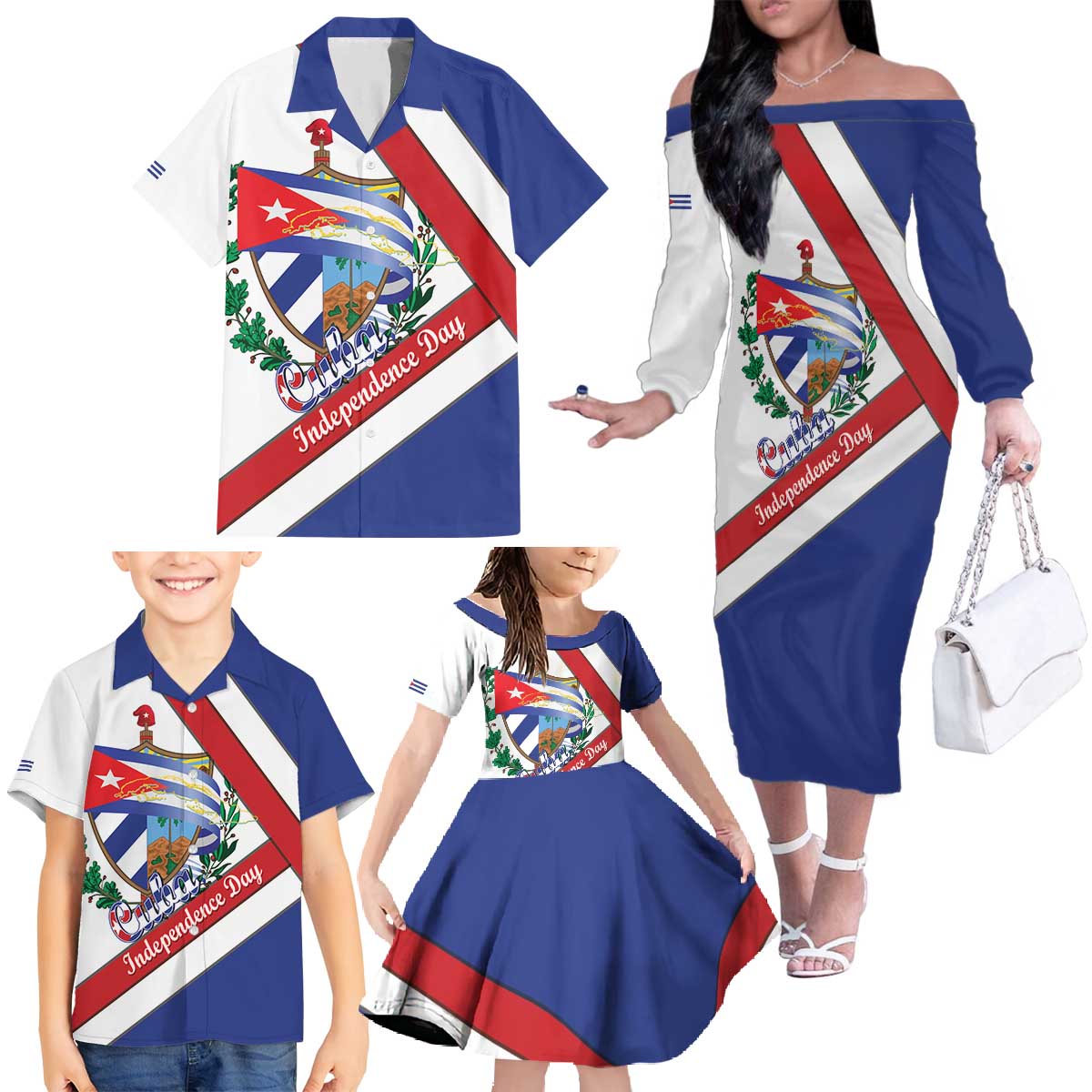 Cuba Independence Day Family Matching Off The Shoulder Long Sleeve Dress and Hawaiian Shirt Patria o Muerte Venceremos Curve Flag Style - Wonder Print Shop
