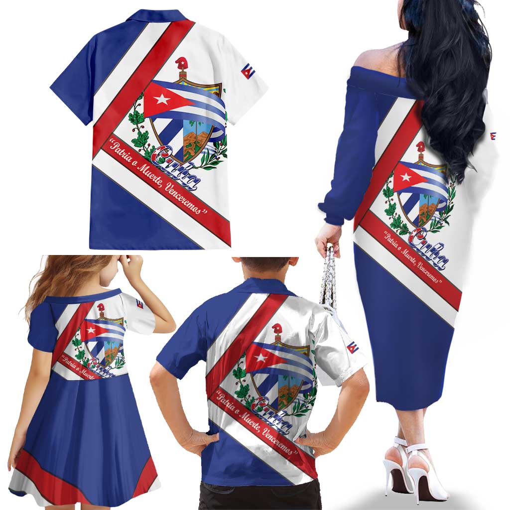 Cuba Independence Day Family Matching Off The Shoulder Long Sleeve Dress and Hawaiian Shirt Patria o Muerte Venceremos Curve Flag Style - Wonder Print Shop