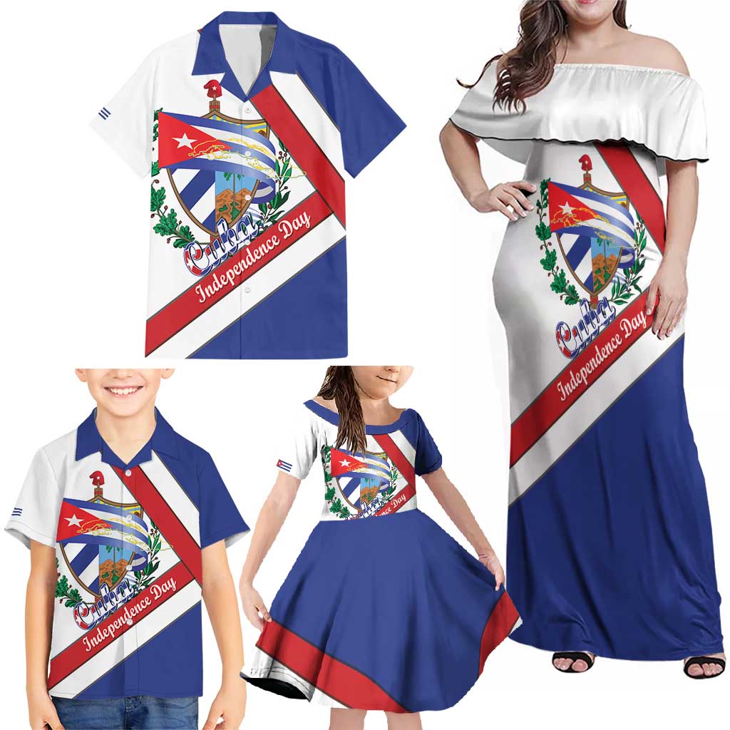 Cuba Independence Day Family Matching Off Shoulder Maxi Dress and Hawaiian Shirt Patria o Muerte Venceremos Curve Flag Style - Wonder Print Shop