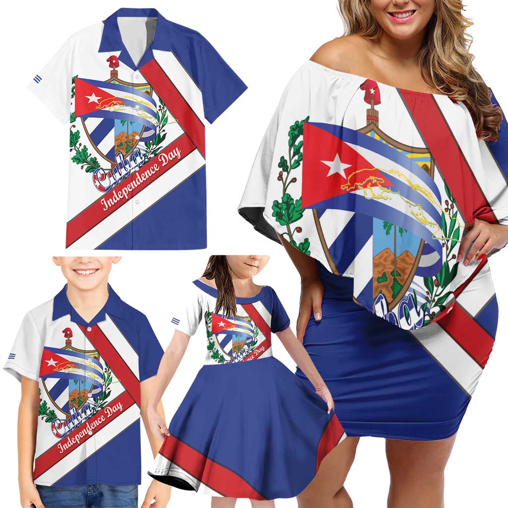 Cuba Independence Day Family Matching Off Shoulder Short Dress and Hawaiian Shirt Patria o Muerte Venceremos Curve Flag Style - Wonder Print Shop